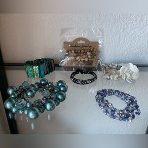 Lot of 6 Stretch Bracelets Floral Shell Beads Pearls Colorful Exotic Boho GUC